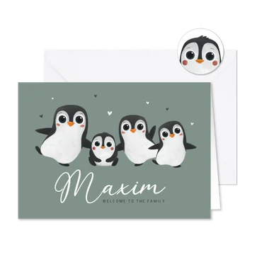 Geboortekaartje dieren groot gezin pinguïns winter hartjes